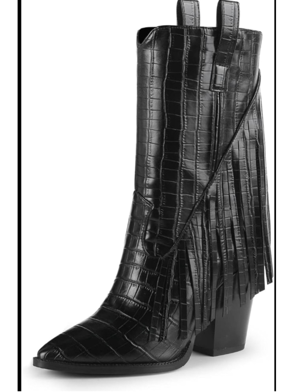 Women's isnom Black Crocodile Print Fringe Heeled Boots